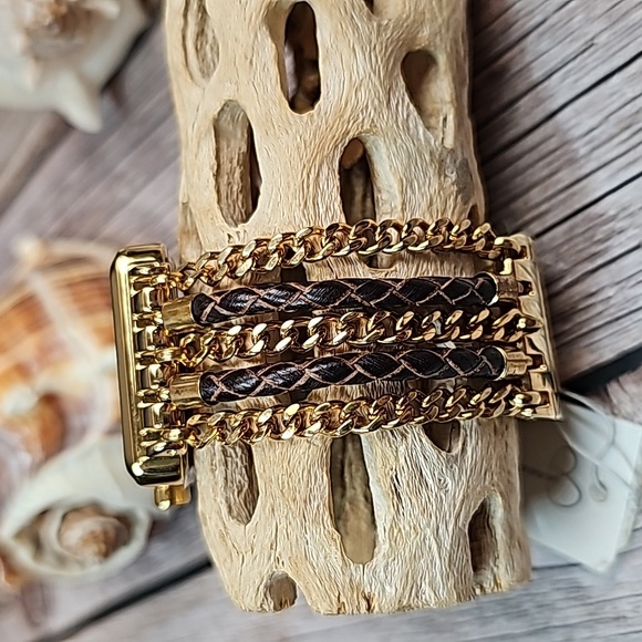 NWT JESSICA SIMPSON MULTI-CHAIN BRAIDED BAND GOLD TONE RECTANGLE WATCH - Picture 2 of 14